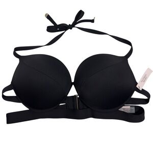 Victoria’s Secret Black Halter Push-Up Bikini‎ Top 38C Gold Logo Detail NWT